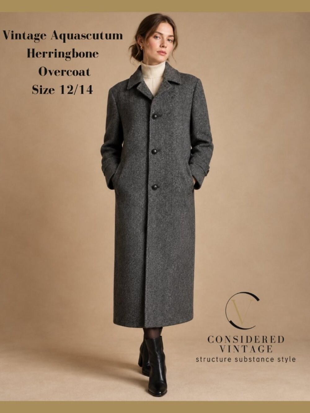 Vintage Aquascutum London Gray Herringbone Pure Virgin Wool Overcoat Jacket - Ma